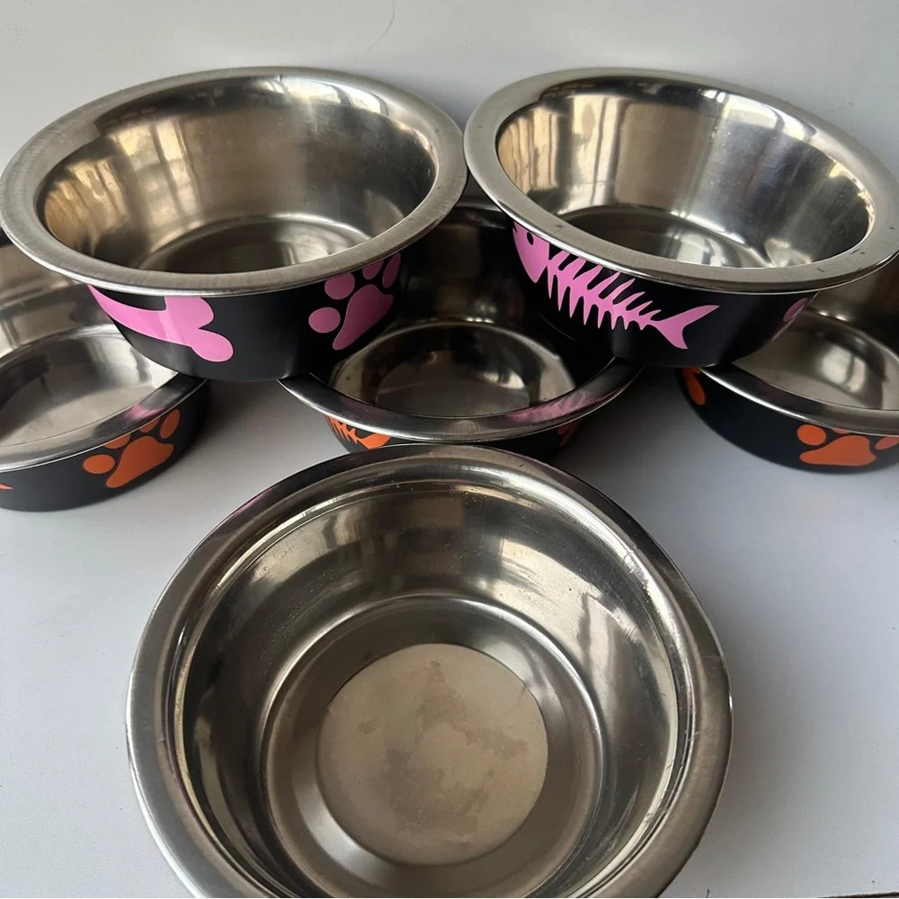 ONLY Black & Pink Dog Bowls Paw Print Bone Pet Food Water Dish OS